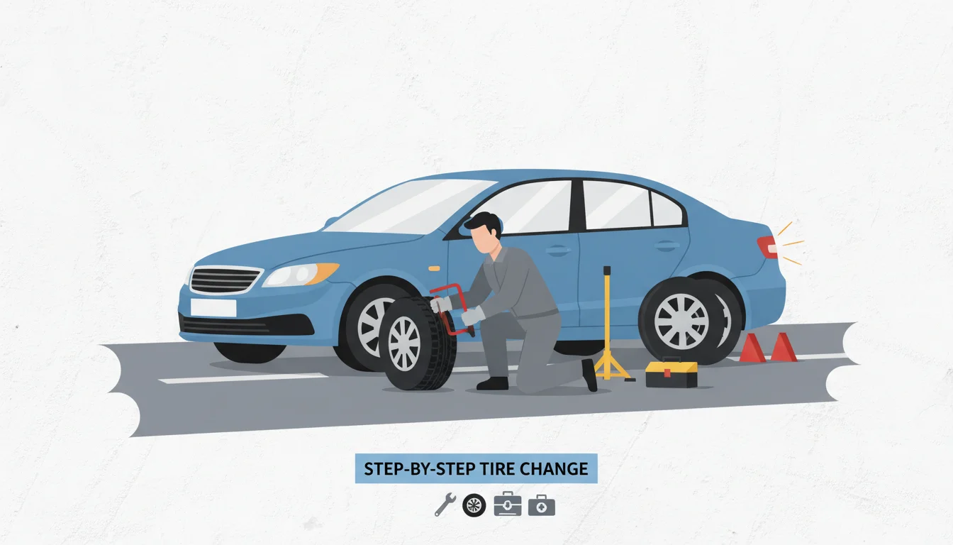 A medium shot of a person changing a car tire on the side of a road. The car is safely pulled over with hazard lights on. The person is using a lug wrench to loosen the nuts on the flat tire. A spare tire, jack, and wheel chocks are nearby. Focus on the practical, step-by-step nature of the task. The scene is set during daylight with a slightly overcast sky. The overall mood is one of self-reliance and preparedness.. Style: infographic