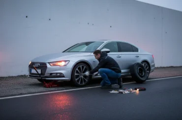 a roadside scene at dusk. a person is changing a flat tire on a modern sedan. the car is parked safely on the shoulder with hazard lights flashing. the individual is using a lug wrench, focused on the task. a spare tire and other tools are neatly arranged nearby. soft, diffused light creates a sense of urgency and determination.