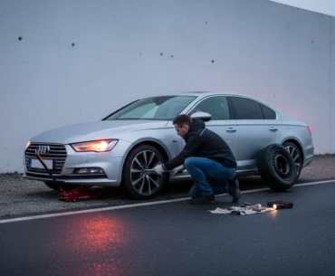 a roadside scene at dusk. a person is changing a flat tire on a modern sedan. the car is parked safely on the shoulder with hazard lights flashing. the individual is using a lug wrench, focused on the task. a spare tire and other tools are neatly arranged nearby. soft, diffused light creates a sense of urgency and determination.