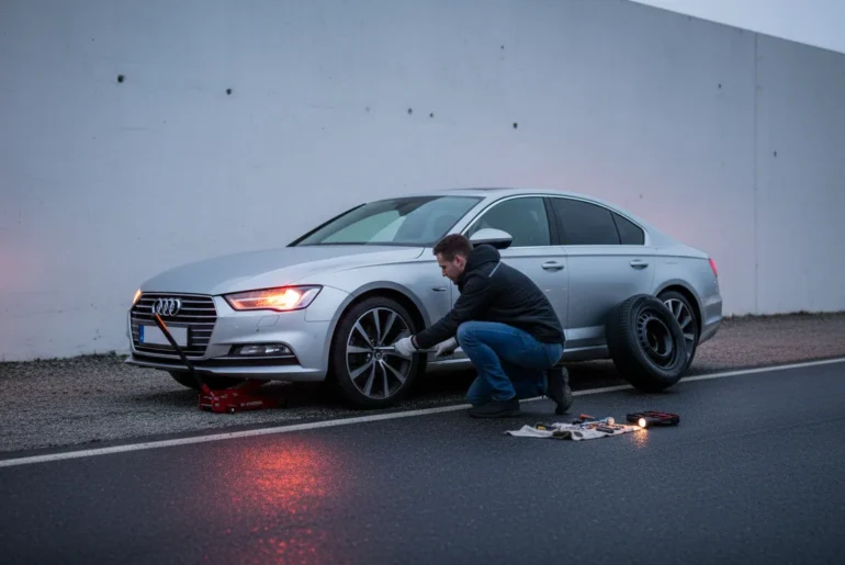 a roadside scene at dusk. a person is changing a flat tire on a modern sedan. the car is parked safely on the shoulder with hazard lights flashing. the individual is using a lug wrench, focused on the task. a spare tire and other tools are neatly arranged nearby. soft, diffused light creates a sense of urgency and determination.